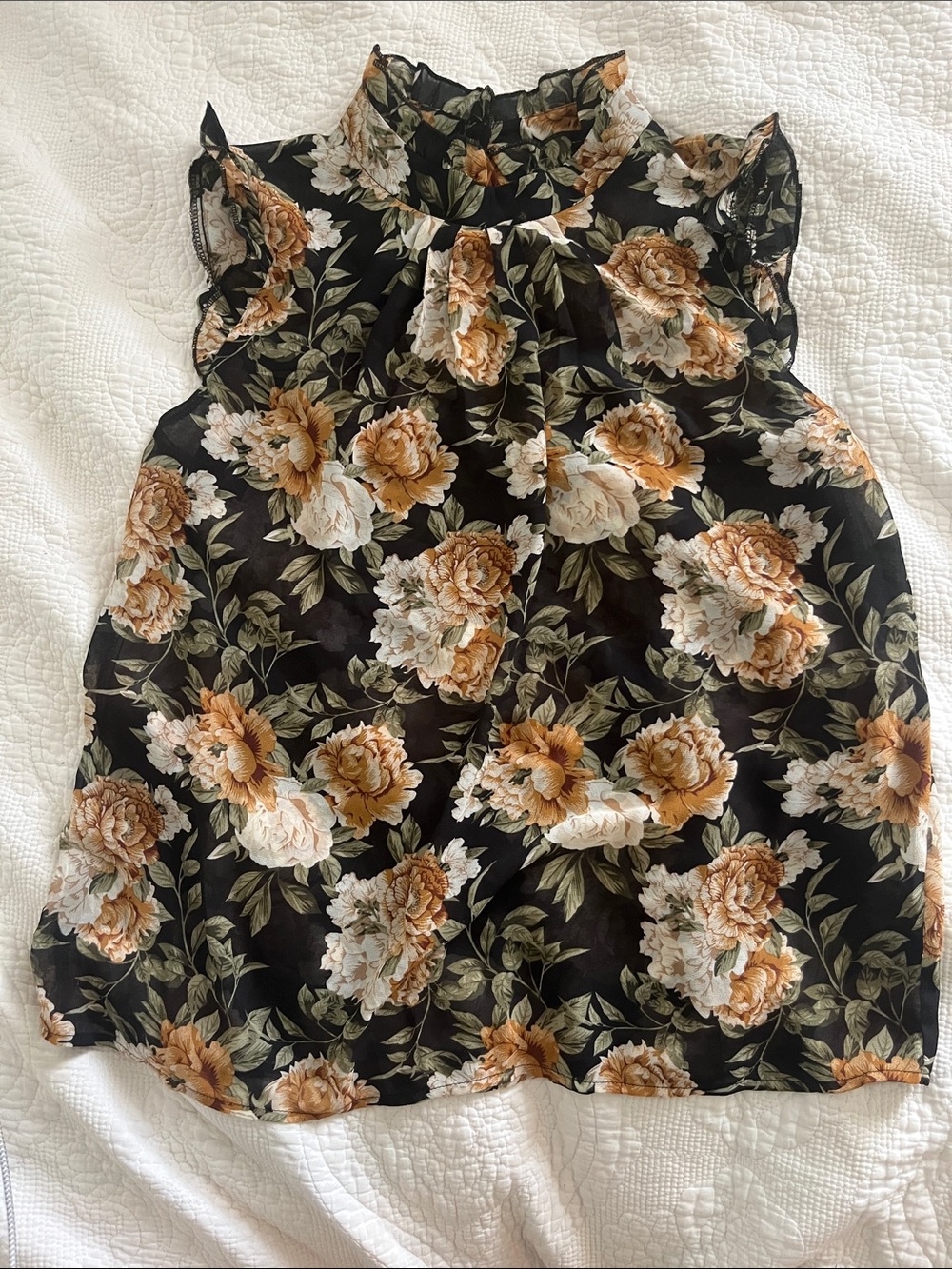 3/$30 Floral Ruffle Neck Sleeveless Blouse - Black with Cream & Tan Flowers